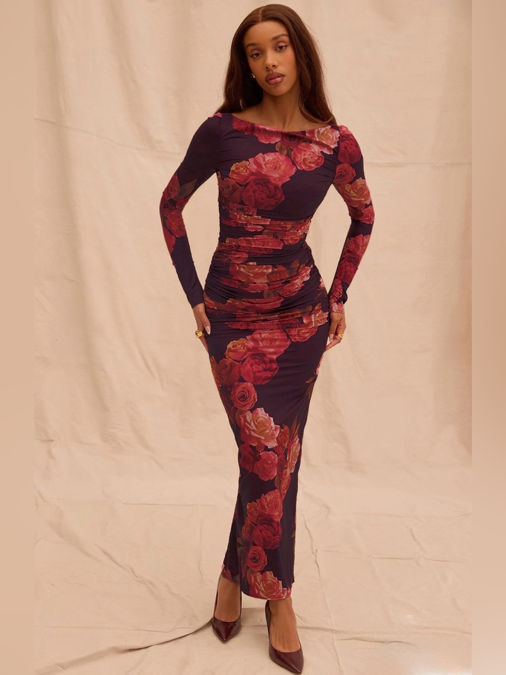 House of CB Lanetta ruched bateau neck long sleeve georgette maxi dress
